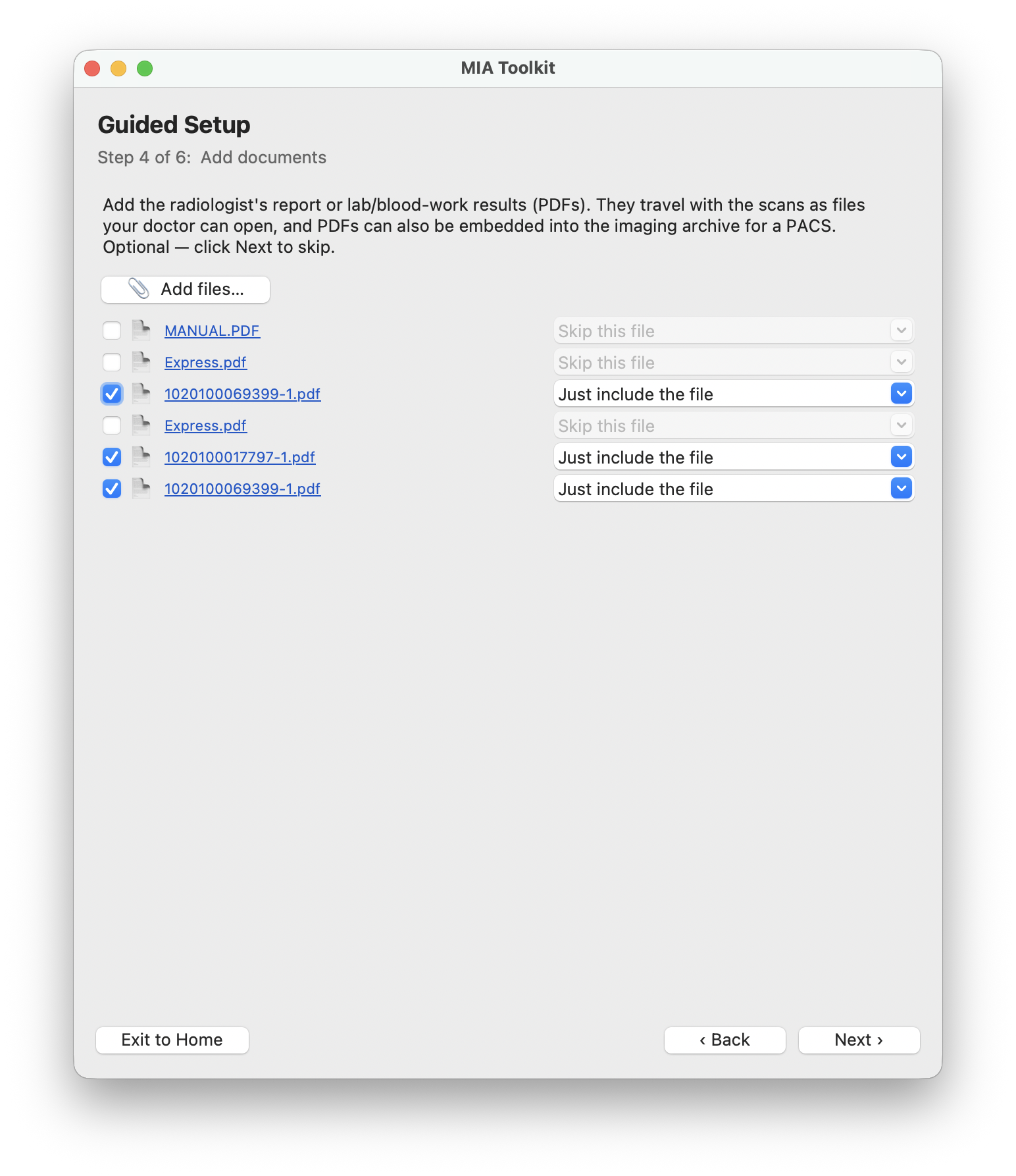 The Add documents screen listing report PDFs with checkboxes.