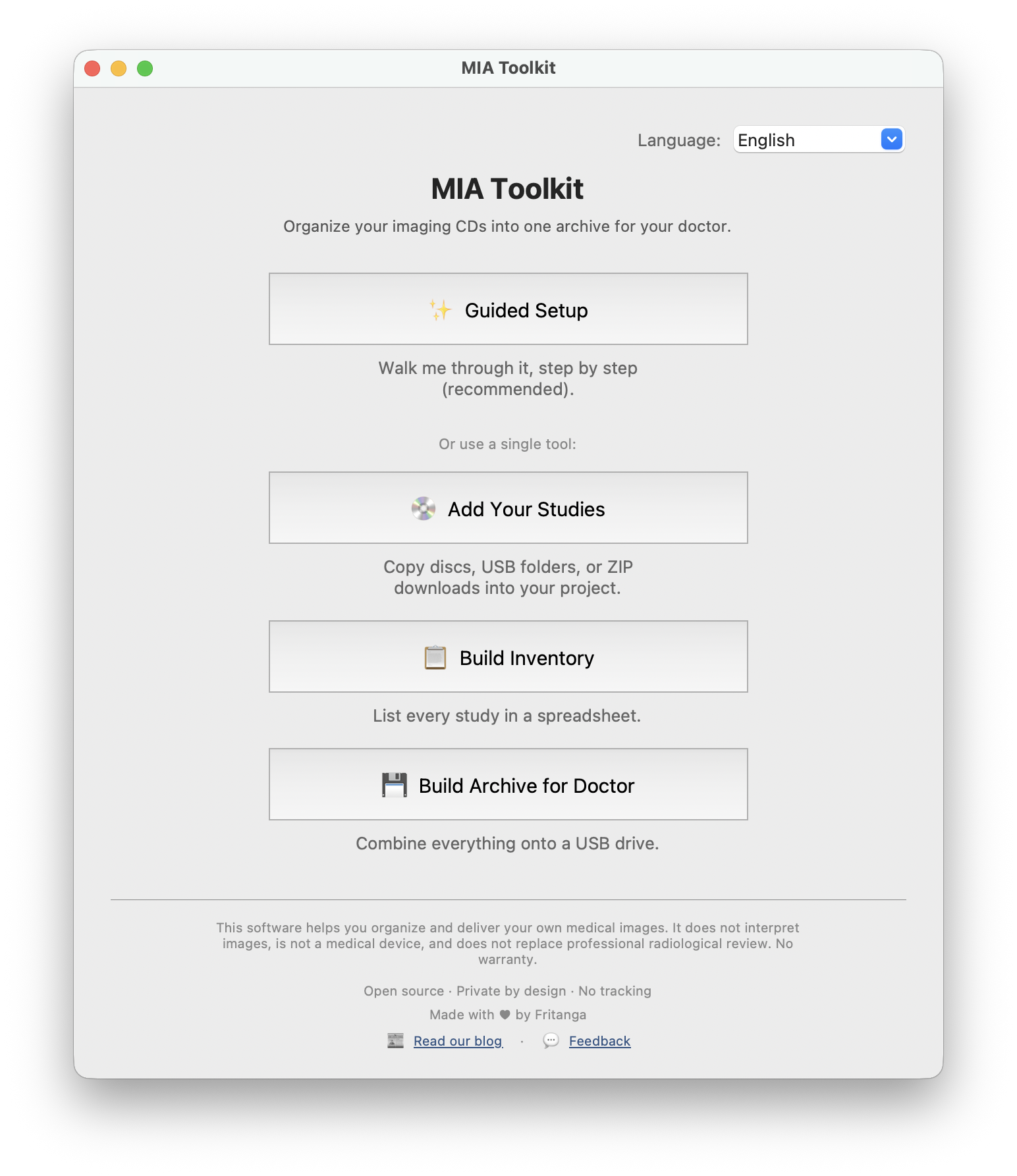 வழிகாட்டப்பட்ட அமைப்பு மற்றும் தனித்தனிக் கருவிகளுடன் கூடிய MIA Toolkit முகப்புத் திரை.