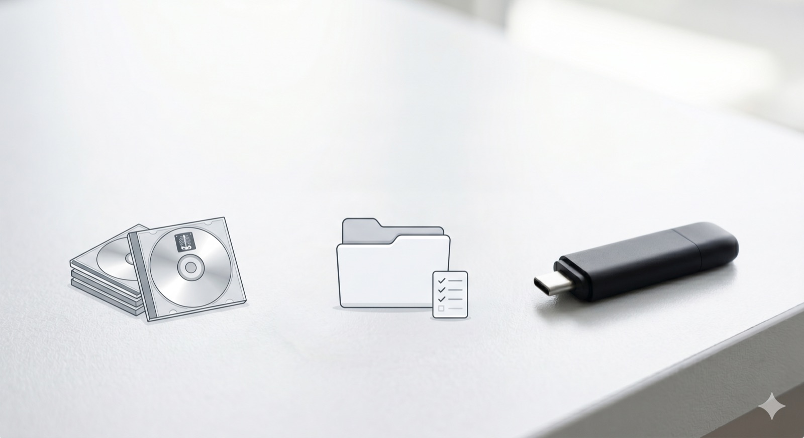 A stack of imaging CDs becomes one organized folder with a checklist, then a single USB drive.